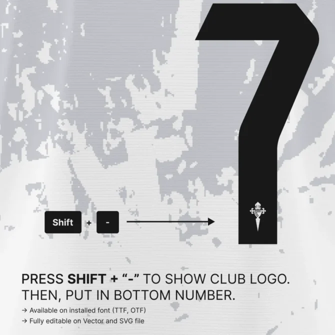 Celta Vigo 2025/2026 La Liga font guide – how to insert the official club logo inside jersey numbers using Shift and dash key combination.