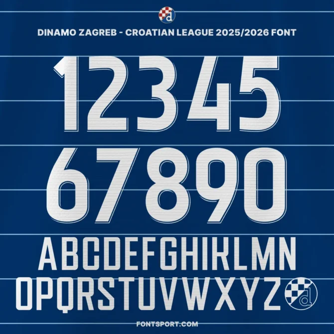 Dinamo Zagreb Croatian League 2025/2026 Font – full preview of numbers and uppercase alphabet A-Z, modern football jersey typography.