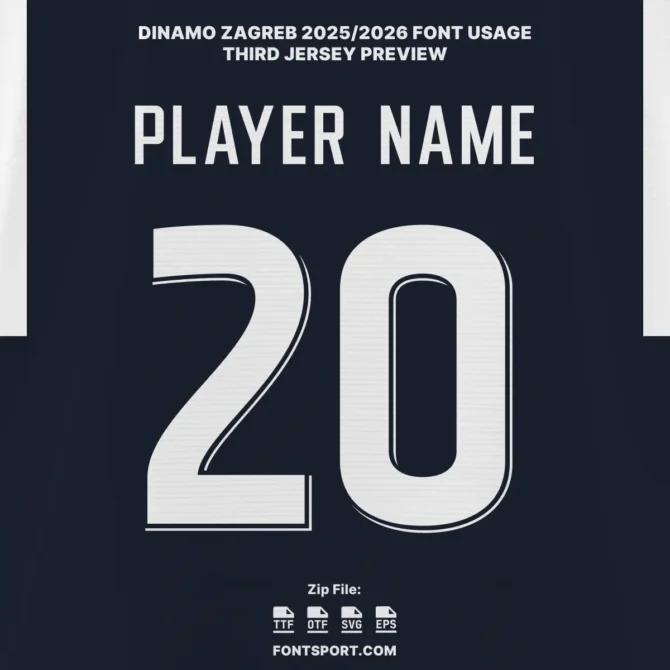 Dinamo Zagreb Third Jersey Font 2025/2026 – official Croatian football jersey typography in white number style.