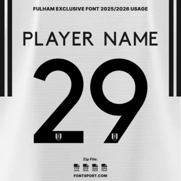 Fulham Exclusive Font 2025/2026 usage on EPL jersey with player name and number style, official football kit font for Fulham FC.