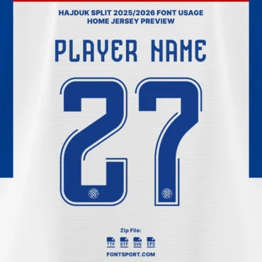 Hajduk Split 2025/2026 home jersey font preview – player name and number 27 in authentic Croatian League typeface with crest detail.