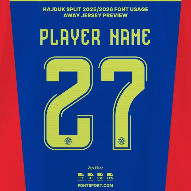 Hajduk Split 2025/2026 away jersey font preview – neon green player number 27 on dark blue kit with official typeface design.