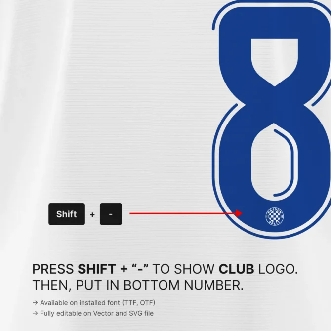 Hajduk Split 2025/2026 font detail – number 8 showcasing embedded club crest at bottom of digit in Croatian League typeface.