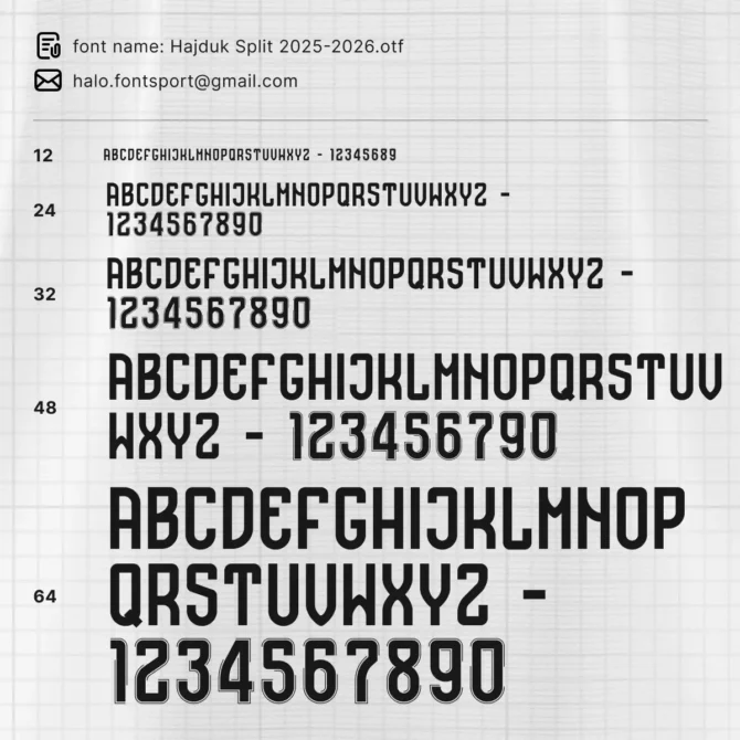 Hajduk Split 2025/2026 font specimen sheet – typeface sample in multiple sizes showing alphabet and numeric design for jerseys.