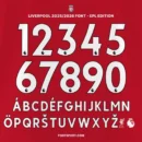 Full Glyph Set of Liverpool 2025/2026 EPL Font Kit – Includes numbers 0–9, accented uppercase A-Z letters, EPL lion logo, and LFC bird emblem.