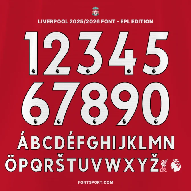 Full Glyph Set of Liverpool 2025/2026 EPL Font Kit – Includes numbers 0–9, accented uppercase A-Z letters, EPL lion logo, and LFC bird emblem.