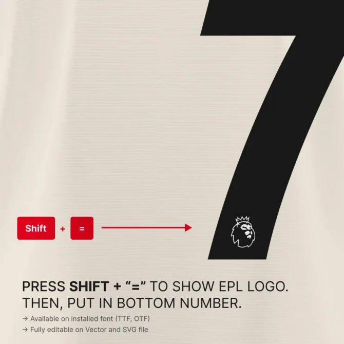 How to show EPL logo in Liverpool Font Kit 2025/2026 – Press Shift + Equal (=) to activate EPL lion glyph inside jersey number.