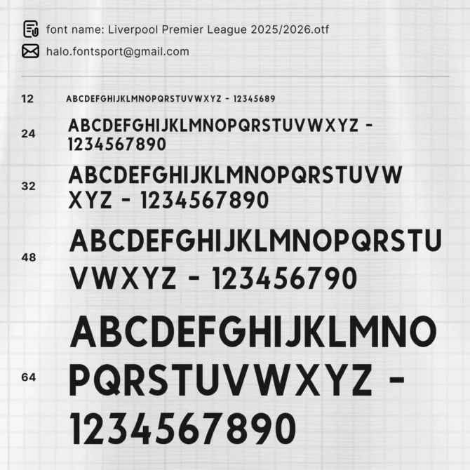 Font Preview Sheet for Liverpool 2025/2026 Premier League Typeface – A-Z Uppercase and 0–9 Numbers in various sizes with OTF file name.