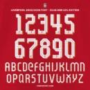 Liverpool 2025/2026 Font – Official Club and UCL Typeface with Numbers and Alphabet Preview on Red Jersey Background – fontsport.com