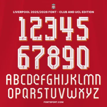 Liverpool 2025/2026 Font – Official Club and UCL Typeface with Numbers and Alphabet Preview on Red Jersey Background – fontsport.com
