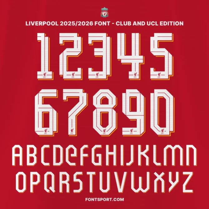 Liverpool 2025/2026 Font – Official Club and UCL Typeface with Numbers and Alphabet Preview on Red Jersey Background – fontsport.com