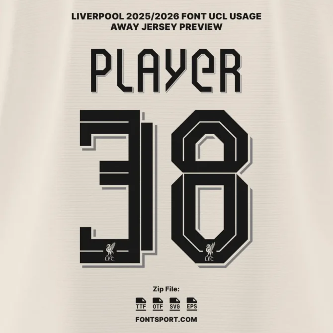 Liverpool 2025/2026 Font UCL Away Edition – Preview of Player Font on Cream Away Kit with Number 38