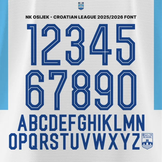 NK Osijek Croatian League 2025/2026 Font full set – official alphabet and numbers used on home jersey with Osijek club logo detail. Available on fontsport.com.