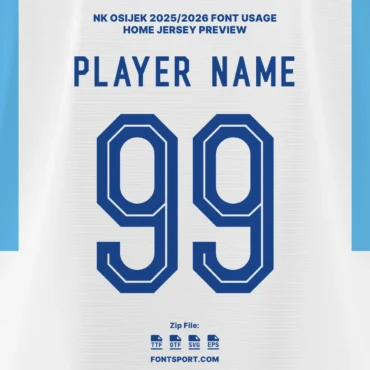 NK Osijek 2025/2026 Font Kit – Home Jersey preview with player name and number design. Official Croatian League football font available in OTF, TTF, SVG, and EPS.