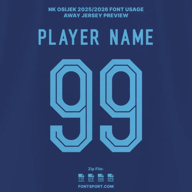 NK Osijek Away Jersey 2025/2026 Font preview – player name and number typography in blue. Croatian League football font for jersey design.