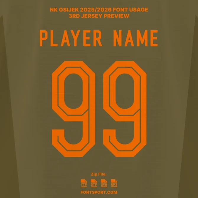 NK Osijek Third Jersey 2025/2026 Font preview – bold orange typography for numbers and player names. Official Croatian League font kit.