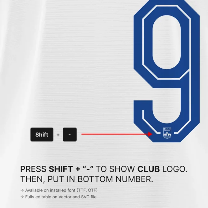 NK Osijek 2025/2026 Jersey Font with club logo feature – press Shift + minus to show Osijek crest inside numbers. Editable in OTF, TTF, Vector, and SVG.
