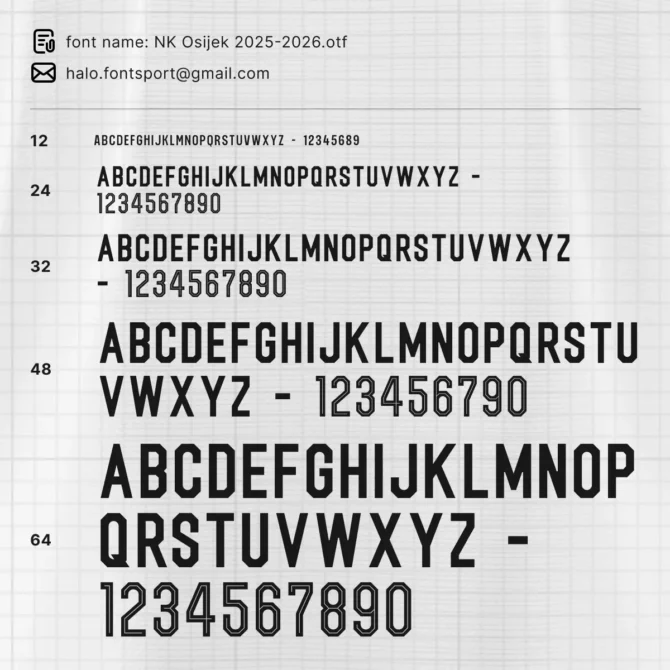 NK Osijek 2025/2026 Font specimen – complete uppercase alphabet and numbers in different weights. Available in OTF, TTF, SVG, and Vector.