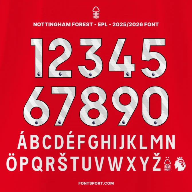 Nottingham Forest 2025/2026 EPL font – official Premier League jersey numbers 0–9 and uppercase A–Z with EPL logo, perfect for football jersey design.