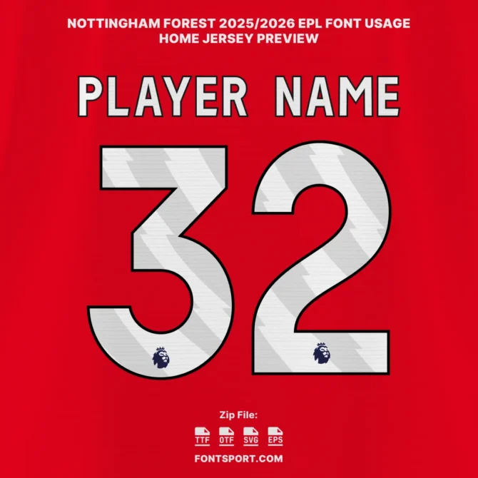 Nottingham Forest 2025/2026 EPL font home jersey preview – red kit with player name and number in official Premier League typeface, includes OTF, TTF, SVG, Vector.