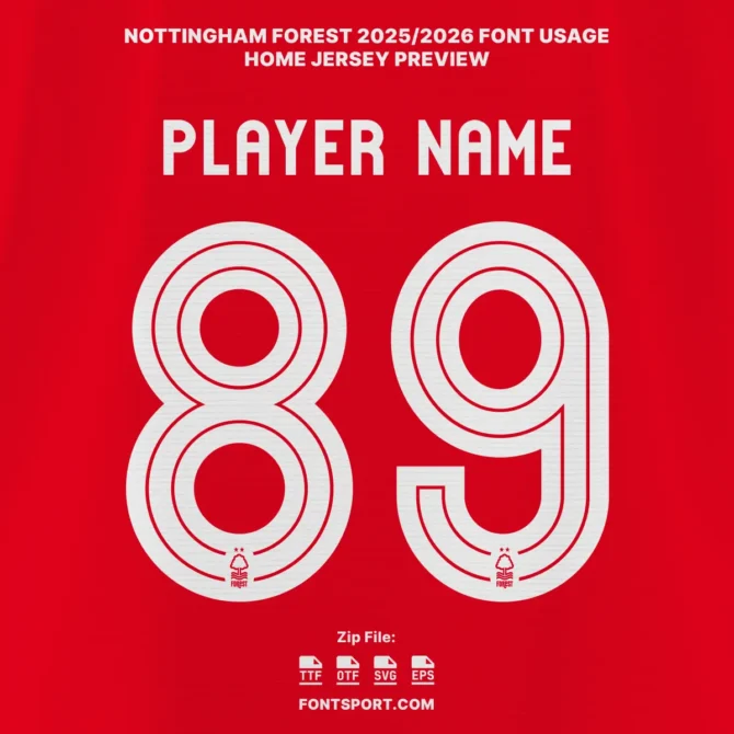 Nottingham Forest 2025/2026 home jersey font preview – official Premier League typeface with player name and number design in red kit, includes OTF, TTF, SVG, and Vector formats.
