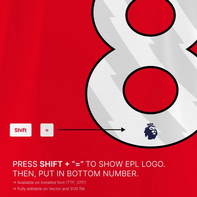 Close-up of Nottingham Forest 2025/2026 EPL jersey number showing embedded Premier League lion logo glyph, editable in OTF, TTF, SVG, and Vector formats.