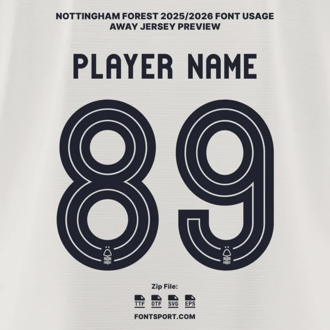 Nottingham Forest 2025/2026 away jersey font preview – official Premier League typeface in black-on-white design with player name and number, available in OTF, TTF, SVG, Vector.