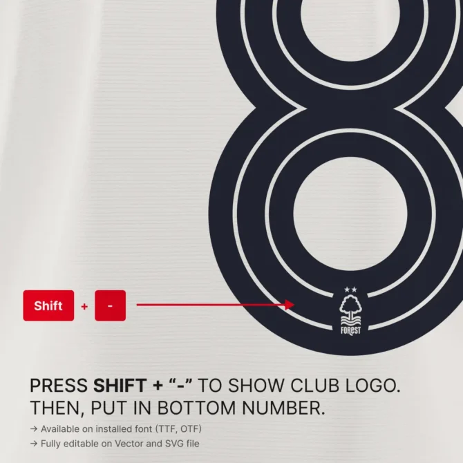 Close-up of Nottingham Forest 2025/2026 jersey number featuring embedded club logo glyph, official Premier League font for authentic football merchandise and design use.