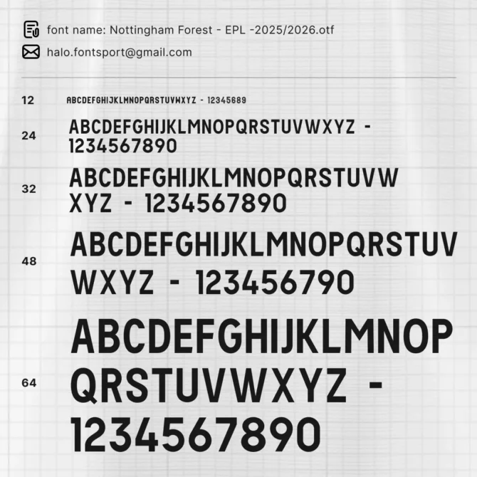 Nottingham Forest 2025/2026 EPL font type specimen – various weights and sizes of official Premier League typeface for jersey numbers and letters.