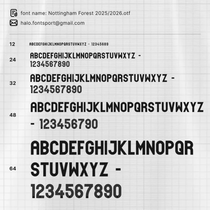 Nottingham Forest 2025/2026 font type specimen – multiple weights and sizes for official Premier League jersey design, posters, and football merchandise branding.