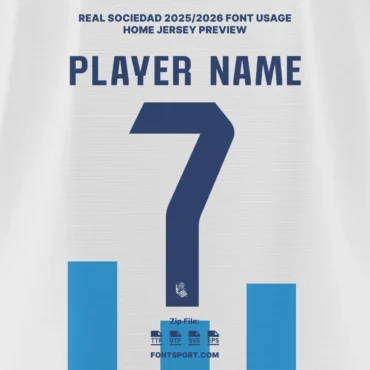 Real Sociedad 2025/2026 home jersey font preview – official player name and number design in navy blue for La Liga season.
