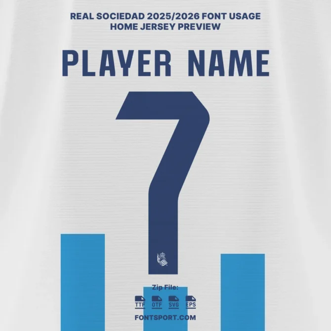 Real Sociedad 2025/2026 home jersey font preview – official player name and number design in navy blue for La Liga season.
