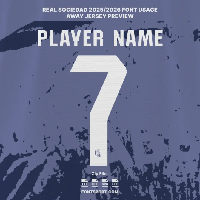 Real Sociedad 2025/2026 away jersey font preview – white player number and name on dark blue background, official La Liga typeface.