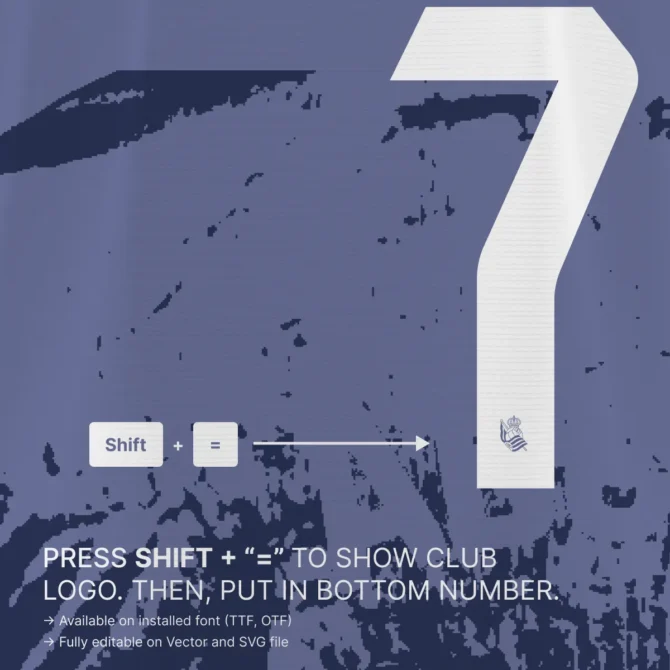 Real Sociedad 2025/2026 font usage guide – insert club logo at bottom of number using Shift + = shortcut on TTF and OTF files.