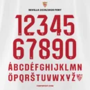 Sevilla 2025/2026 official La Liga font kit – full alphabet A–Z and numbers 0–9 in bold red design with Sevilla FC crest detail, authentic jersey typeface.