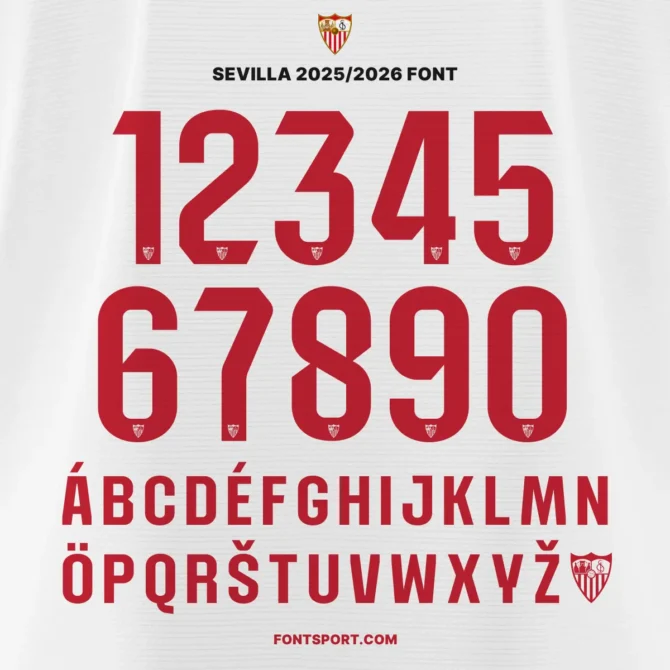 Sevilla 2025/2026 official La Liga font kit – full alphabet A–Z and numbers 0–9 in bold red design with Sevilla FC crest detail, authentic jersey typeface.