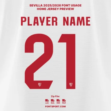 Sevilla FC 2025/2026 home jersey font preview – number 21 in official red typeface with Sevilla crest at the bottom of the digits, La Liga season kit font.