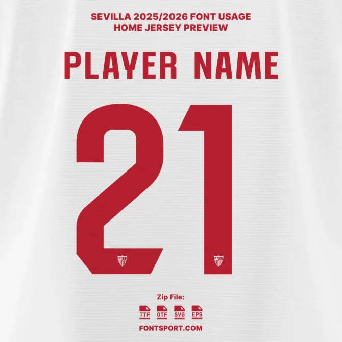 Sevilla FC 2025/2026 home jersey font preview – number 21 in official red typeface with Sevilla crest at the bottom of the digits, La Liga season kit font.