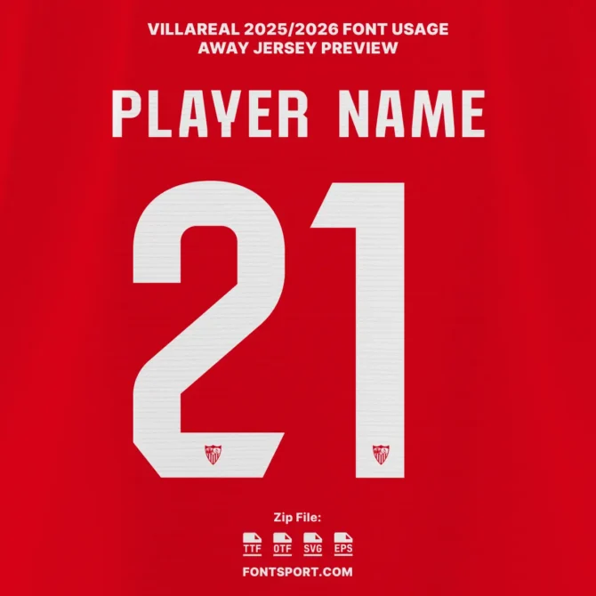 Sevilla FC 2025/2026 away jersey font preview – white numbers on red background, official La Liga typeface for Sevilla kits, includes player name and number style.