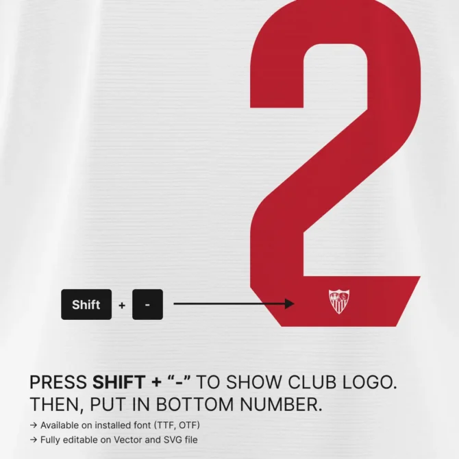 Sevilla 2025/2026 font kit detail – red number 2 showcasing special Sevilla FC crest logo placement at bottom, editable with TTF, OTF, SVG, and vector files.