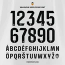 Preview of Valencia 2025/2026 Font Kit - Full numbers 0–9 with official Valencia logo and bold uppercase multilingual letters. Font For Jersey and Football Merchandise.