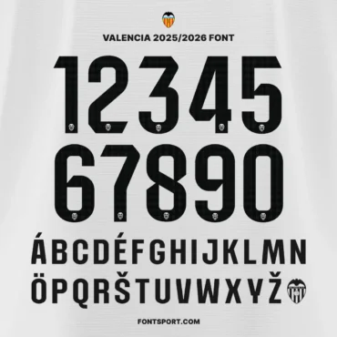 Preview of Valencia 2025/2026 Font Kit - Full numbers 0–9 with official Valencia logo and bold uppercase multilingual letters. Font For Jersey and Football Merchandise.