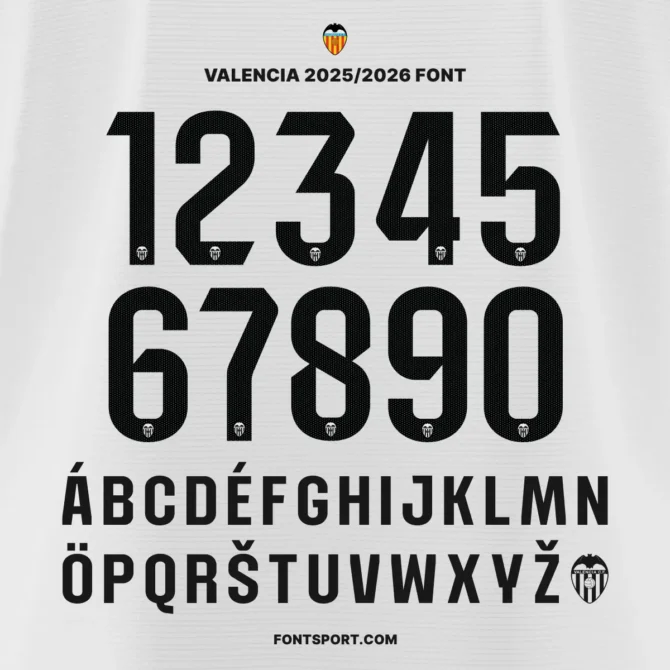 Preview of Valencia 2025/2026 Font Kit - Full numbers 0–9 with official Valencia logo and bold uppercase multilingual letters. Font For Jersey and Football Merchandise.