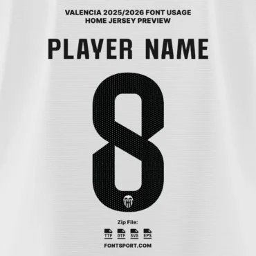 Home jersey mockup using Valencia 2025/2026 Football Font - Bold number with dotted pattern and official logo placement. Font For Jersey and fan apparel design.