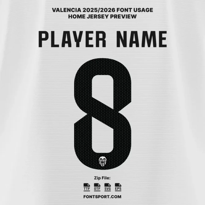 Home jersey mockup using Valencia 2025/2026 Football Font - Bold number with dotted pattern and official logo placement. Font For Jersey and fan apparel design.