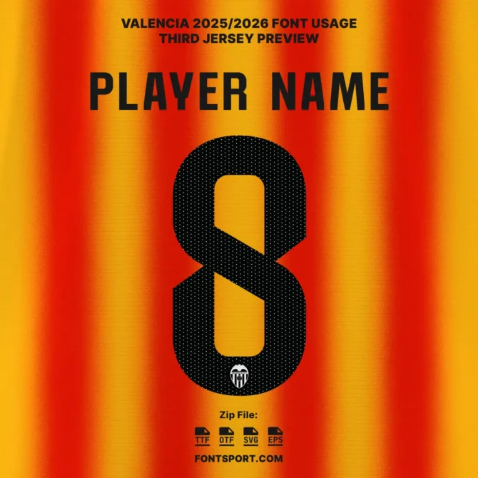 Valencia 2025/2026 Font Kit showcased on third jersey - Vibrant background with bold player number and club logo. Football font for jersey and merchandise use.