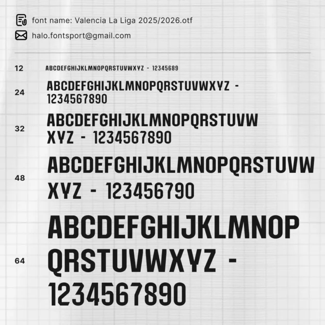 Font styles and sizing preview of Valencia 2025/2026 Font - OTF format showcase with full uppercase letters and numbers for jersey design.