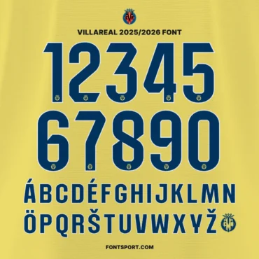 Villarreal 2025/2026 Font Kit – official La Liga typeface with numbers 0–9 and full alphabet A–Z, featuring Villarreal CF crest detail, authentic jersey typography.