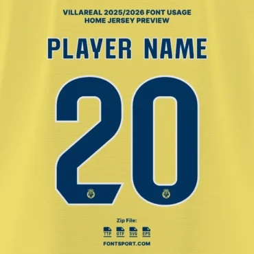 Villarreal CF 2025/2026 Home Jersey Font – official La Liga typeface with player name and number style in yellow kit, includes Villarreal crest on numbers.