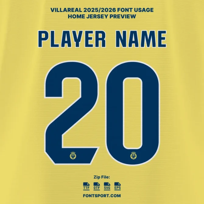 Villarreal CF 2025/2026 Home Jersey Font – official La Liga typeface with player name and number style in yellow kit, includes Villarreal crest on numbers.